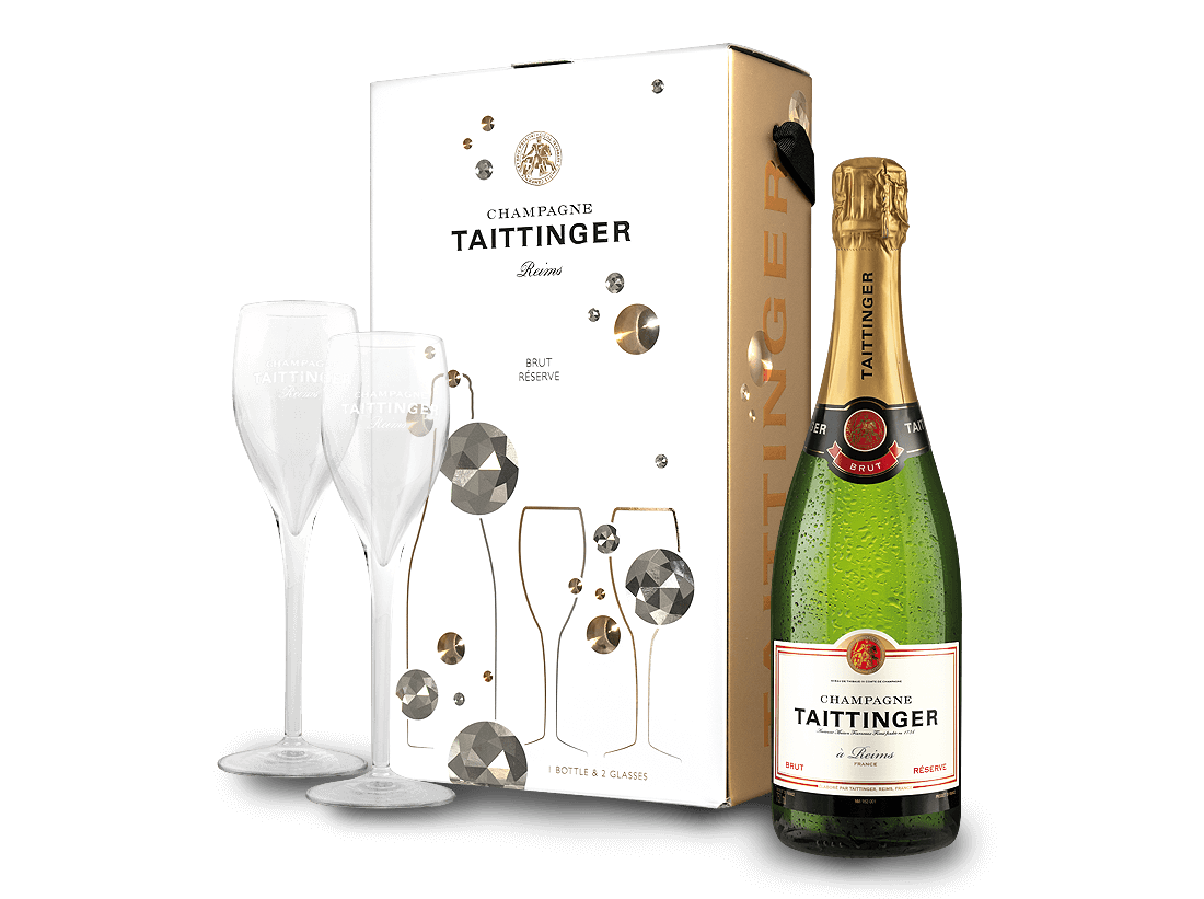 Taittinger Champagner Brut Geschenkverpackung 2 ➤ hier kaufen Réserve in mit Gläsern